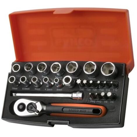 Bahco SL25 - 1/4 Square Drive Socket Set with Metric Hex Profile and Screwdriver Bits/Bit Holder