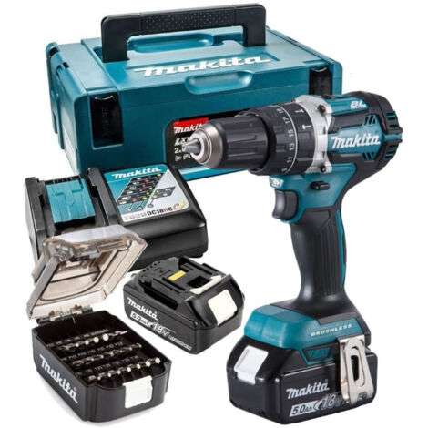 Makita DHP484TJX9 18V LXT Brushless Hammer Drill-Driver, 50th Anniversary Kit - 2x 5Ah Batteries, Charger, 21PC Bit Set & Makpak 2 Case