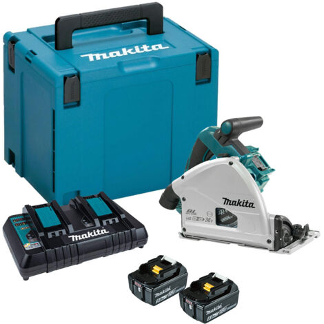 Makita DSP600PTJ Twin 18V LXT Brushless Plunge Saw - 2x 5Ah Batteries, DC18RD Charger & Makpac 4 Case (1/5)