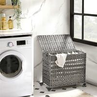 Rattan Wicker Handwoven Laundry Basket With Lid 100L Bamboo Grey 27KG Hamper Cleaning Washing Basket Clothes - Grey