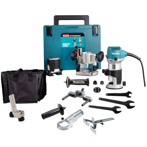 Makita – Affleureuse défonceuse multifonctions 710 W pour bois dur – Vitesse 10 000-34 000 tr/min – Profondeur 0-35 mm – RT0702CX2J