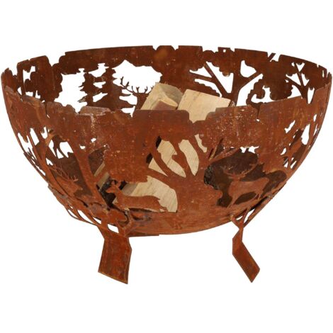 Brasero rouille en Acier avec Animaux et Arbres 58cm