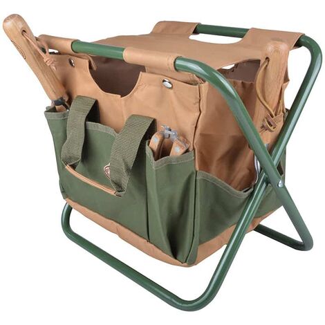 Esschert Design – Tabouret pliable range outils – Sacoche détachable – Dimensions 40,4 x 30,8 x 30,5 cm – Pour jardinage en toute tranquillité
