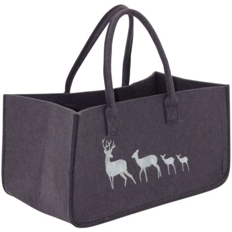 Aubry Gaspard – Sac à bûches en feutrine 50 x 25 cm – 2 anses robustes – Transport élégant pour poêle et cheminée – Motif brodé cerfs