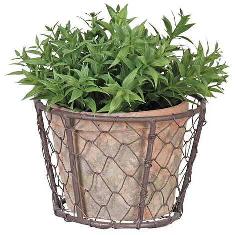 Ac-Deco – Cache pot en terre cuite avec panier en fil de fer – Dimensions L 12,5 x P 12,5 x H 8,5 cm – Capacité 0,3 Litres – Couleur orange