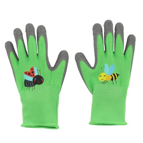 Esschert Design – Gants de jardinage enfant taille 4 – Motifs abeille et coccinelle – Protection pour jeunes jardiniers – 60% polyester, 40% latex