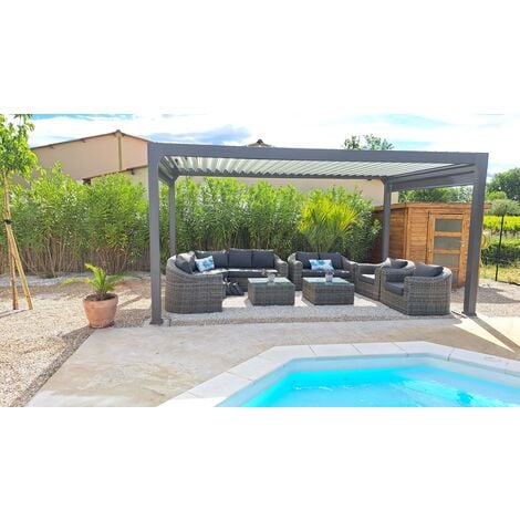 Pergola bioclimatique aliminium motorisée gris sablé 15m² ACTUAL XL 5x3m avec LED intégré