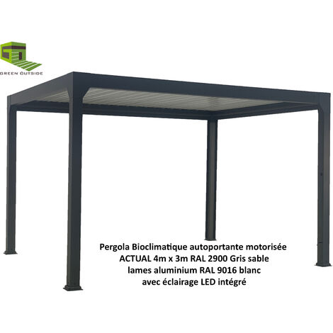 Green Outside – Pergola bioclimatique aluminium 4x3m motorisée – Éclairage LED intégré – Structure autoportante gris sable – Lames orientables étanches - RAL2900