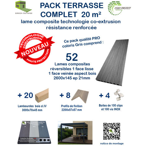Kit complet 20 m² terrasse composite Coexprotect® coloris Gris