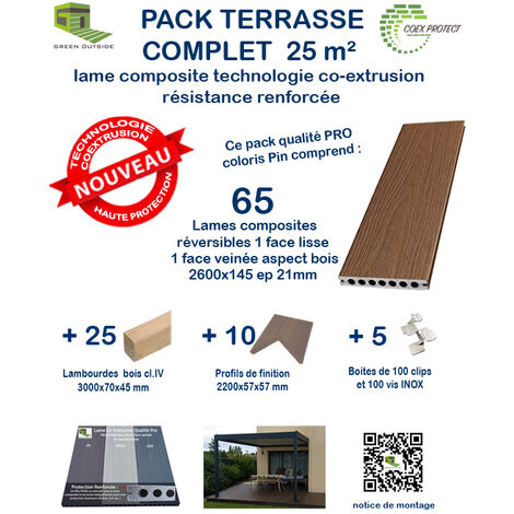 Green Outside – Kit complet 25 m² lame de terrasse composite Coexprotect® – Couleur pin – L.260 x l.14.5 cm – Résistant milieu humide – Installation facile