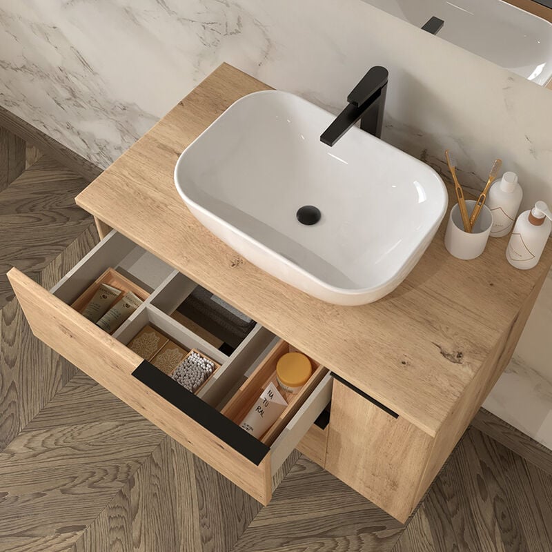 Meuble de salle de bain avec vasques à bords arrondies BALEA et miroir avec  appliques - 120cm - Meuble avec vasque à poser/Meuble avec vasque à poser  avec miroir - cosyneo
