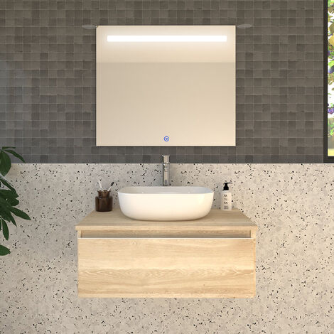 Meuble de salle de bain 1 tiroir avec vasque à poser arrondie - bambou (chêne clair) - PENA et miroir Led STAM - 80cm (1/5)