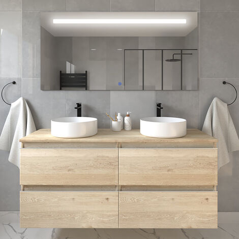 Meuble de salle de bain avec vasques rondes - bambou (chêne clair) - BALEA et miroir Led STAM - 120cm (1/5)