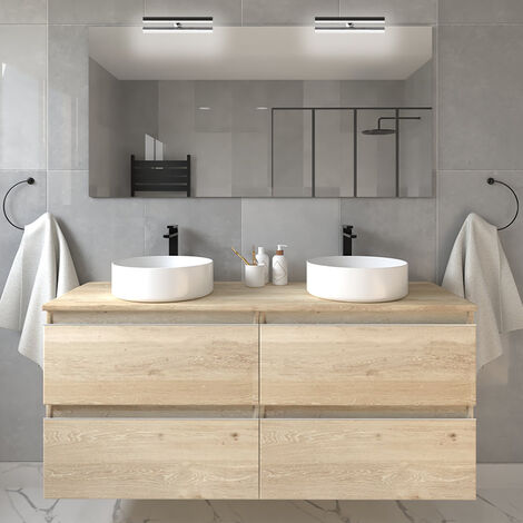 Meuble de salle de bain avec vasques rondes - bambou (chêne clair) - BALEA et miroir avec appliques - 120cm (1/5)