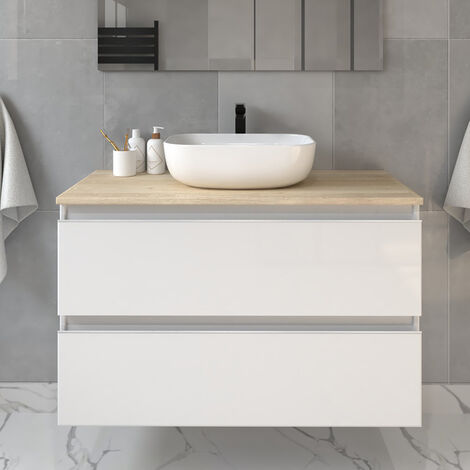 Meuble de salle de bain sans miroir avec vasque à poser arrondie - blanc - BALEA - 100cm (1/4)