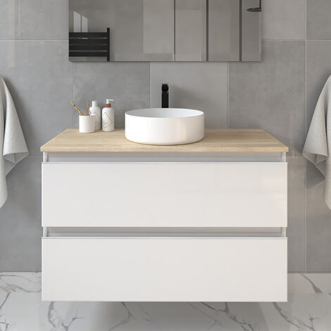 Meuble de salle de bain sans miroir avec vasque à poser ronde - blanc - BALEA - 100cm (1/4)