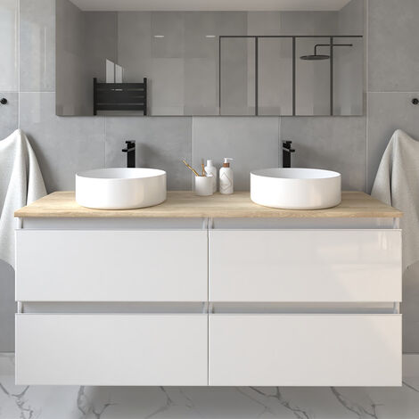 Meuble de salle de bain sans miroir avec vasques ronde - blanc - BALEA - 120cm (1/4)
