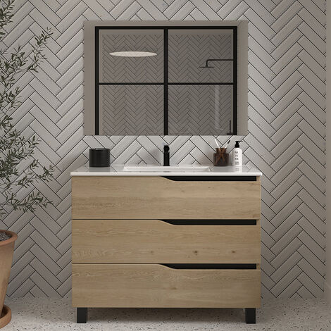 Meuble de salle de bain 100cm simple vasque - 3 tiroirs - madera miel (bois clair) - MATA (1/4)
