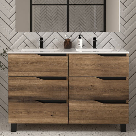 Meuble de salle de bain 120cm double vasque - sans miroir - 6 tiroirs - tabaco (bois foncé) - MATA