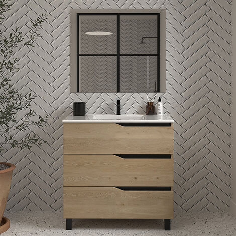 Meuble de salle de bain 60cm simple vasque - 3 tiroirs - madera miel (bois clair) - MATA (1/4)