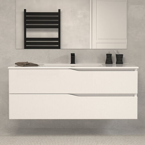 Meuble Salle De Bain Kiamami 120cm - Blanc Brillant, Double Vasque, Tiroirs - Benaco