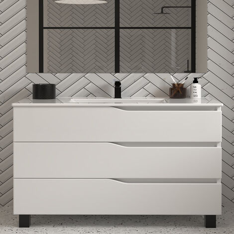 Meuble de salle de bain 120cm simple vasque - sans miroir - 3 tiroirs - blanc - MATA