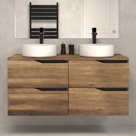 Meuble de salle de bain 120 avec plateau et 2 vasques à poser - sans miroir - 4 tiroirs - tabaco (bois foncé) - LUNA