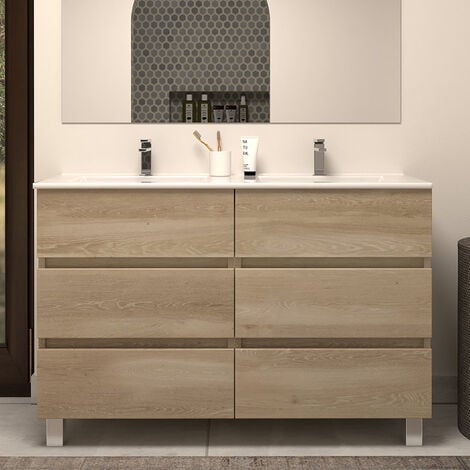 Meuble de salle de bain 120cm double vasque - sans miroir - 6 tiroirs - nebraska (bois clair) - MAYOR