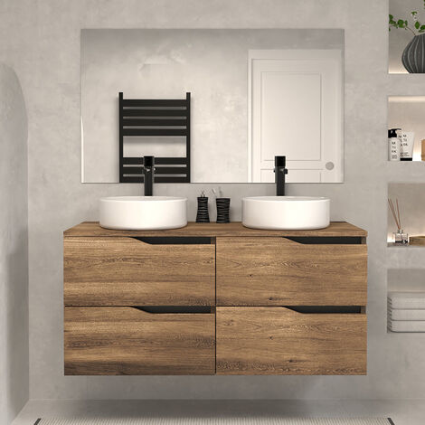 Meuble de salle de bain 120 avec plateau et 2 vasques à poser - 4 tiroirs - tabaco (bois foncé) - LUNA (1/4)