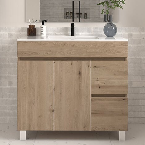 Meuble de salle de bain 80cm simple vasque sans miroir à poseravec portes et tiroirs - cambrian (chêne clair) - HARO
