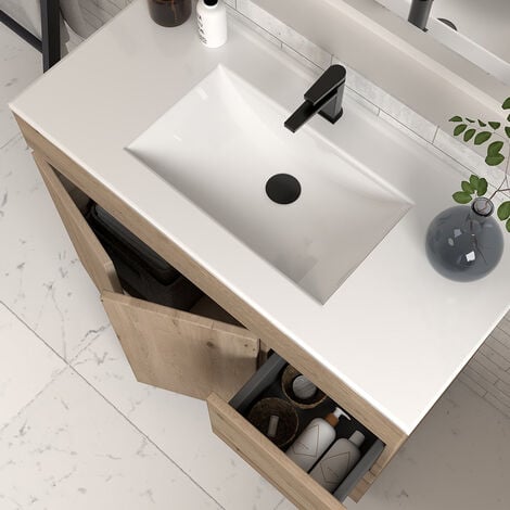 Meuble de salle de bain 80cm simple vasque sans miroir à poseravec portes et tiroirs - cambrian (chêne clair) - HARO