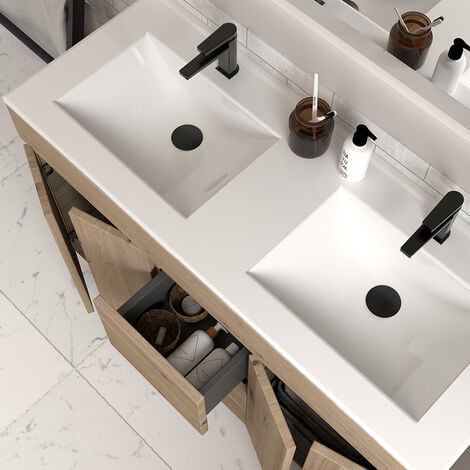 Meuble de salle de bain 120cm double vasque à poseravec portes et tiroirs - cambrian (chêne clair) - HARO