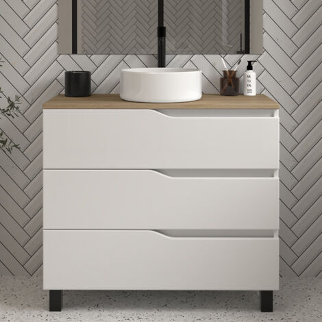 Meuble de salle de bain 80cm avec plateau miel et vasque à poser - sans miroir - 3 tiroirs - blanc - MATA (1/3)