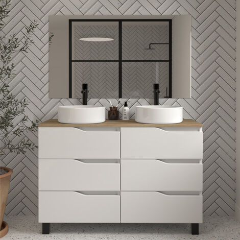 Meuble de salle de bain 120cm avec plateau miel et vasque à poser - 6 tiroirs - blanc - MATA (1/4)