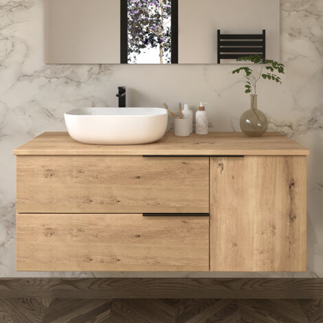 Meuble de salle de bain 100cm avec vasque à poser arrondie - 2 tiroirs - sans miroir - roble (chêne clair) - KING