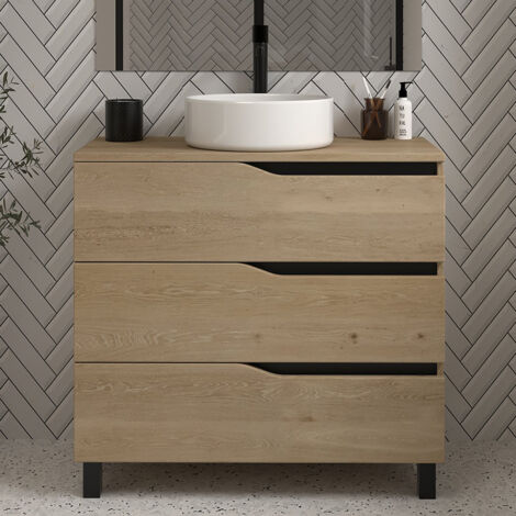 Meuble de salle de bain 70cm avec plateau et vasque à poser - 3 tiroirs - sans miroir - madera miel (bois clair) - MATA (1/3)