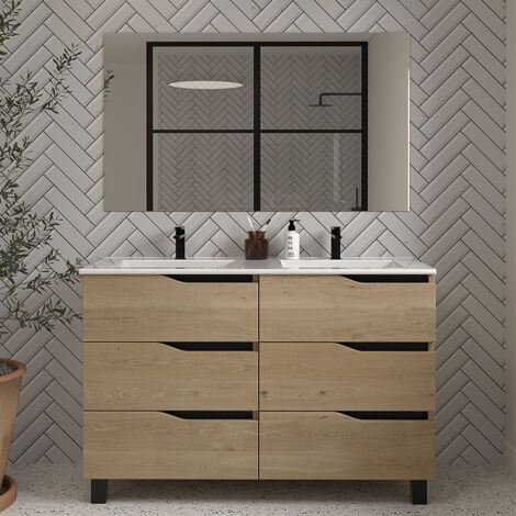 Meuble de salle de bain 140cm double vasque - 6 tiroirs - madera miel (bois clair) - MATA (1/4)
