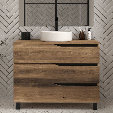 Meuble de salle de bain 70cm avec plateau et vasque à poser - 3 tiroirs - sans miroir - tabaco (bois foncé) - MATA