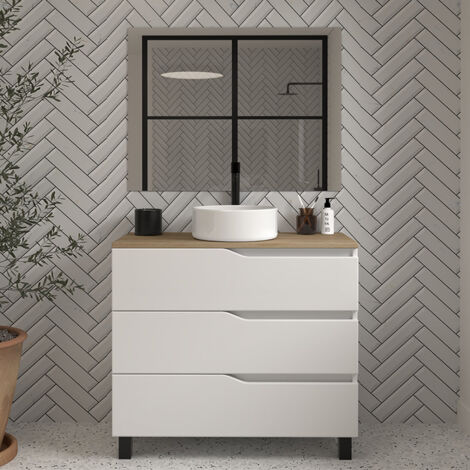 Meuble de salle de bain 90cm avec plateau miel et vasque à poser - 3 tiroirs - blanc - MATA (1/3)