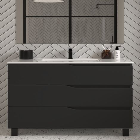 Meuble de salle de bain 120cm simple vasque - 3 tiroirs - sans miroir - noir - MATA