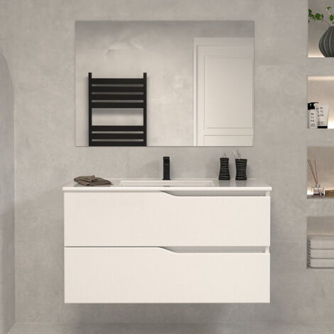 Meuble de salle de bain 90cm simple vasque - 2 tiroirs - blanc - LUNA (1/4)
