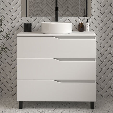 Meuble de salle de bain 90cm avec plateau et vasque à poser - 3 tiroirs - sans miroir - blanc - MATA (1/3)
