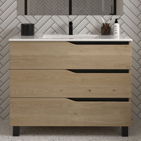Meuble de salle de bain 90cm simple vasque - 3 tiroirs - sans miroir - madera miel (chêne clair) - MATA