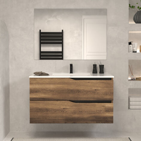 Meuble de salle de bain 90cm simple vasque - 2 tiroirs - tabacco (chêne foncé) - LUNA (1/4)