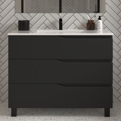 Meuble de salle de bain 90cm simple vasque - 3 tiroirs - sans miroir - noir - MATA