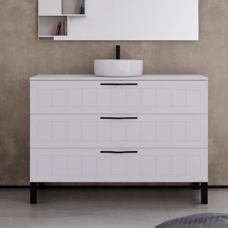 Meuble de salle de bain 120cm avec plateau et vasque à poser ronde - 3 tiroirs - sans miroir - blanc - CALA (1/5)