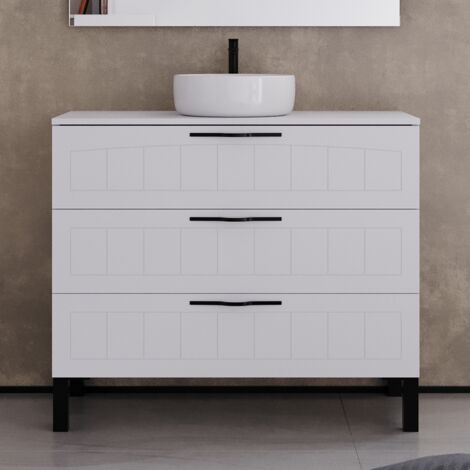Meuble de salle de bain 90cm avec plateau et vasque à poser ronde - 3 tiroirs - sans miroir - blanc - CALA (1/5)