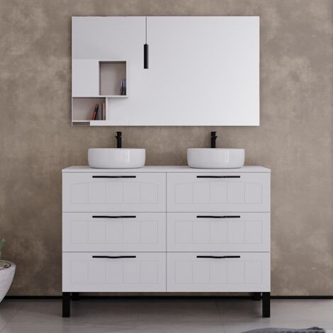 Meuble de salle de bain 120cm avec plateau et deux vasques à poser rondes - 6 tiroirs - blanc - CALA (1/5)