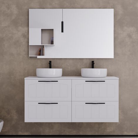 Meuble de salle de bain 120cm avec plateau et deux vasques à poser rondes - 4 tiroirs - blanc - PIA (1/5)