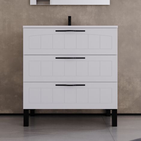 Meuble de salle de bain 80cm simple vasque - 3 tiroirs - sans miroir - blanc - CALA (1/5)
